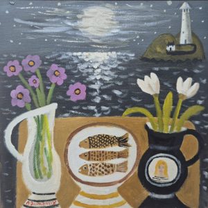 An oil painting shows a table with two vases of flowers and a plate of three fish, set against a night seascape with a moonlit sea and lighthouse.