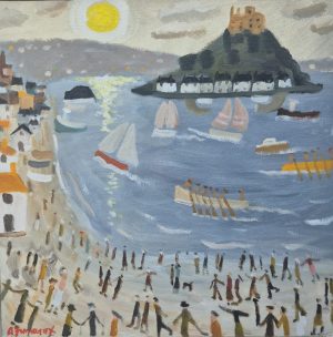 An oil painting shows a beach with many people, a bay with sailboats and a rowing boat, and a rocky island topped with a castle under a yellow sun.