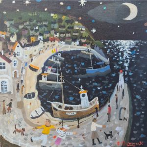 An oil painting of a coastal harbour at night with a crescent moon, starry sky, fishing boats, a lighthouse, and people walking along the pier.