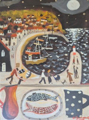 A stylised painting shows a coastal village at night with boats in a harbor, people walking, and a foreground table with a plate of fish and mugs.
